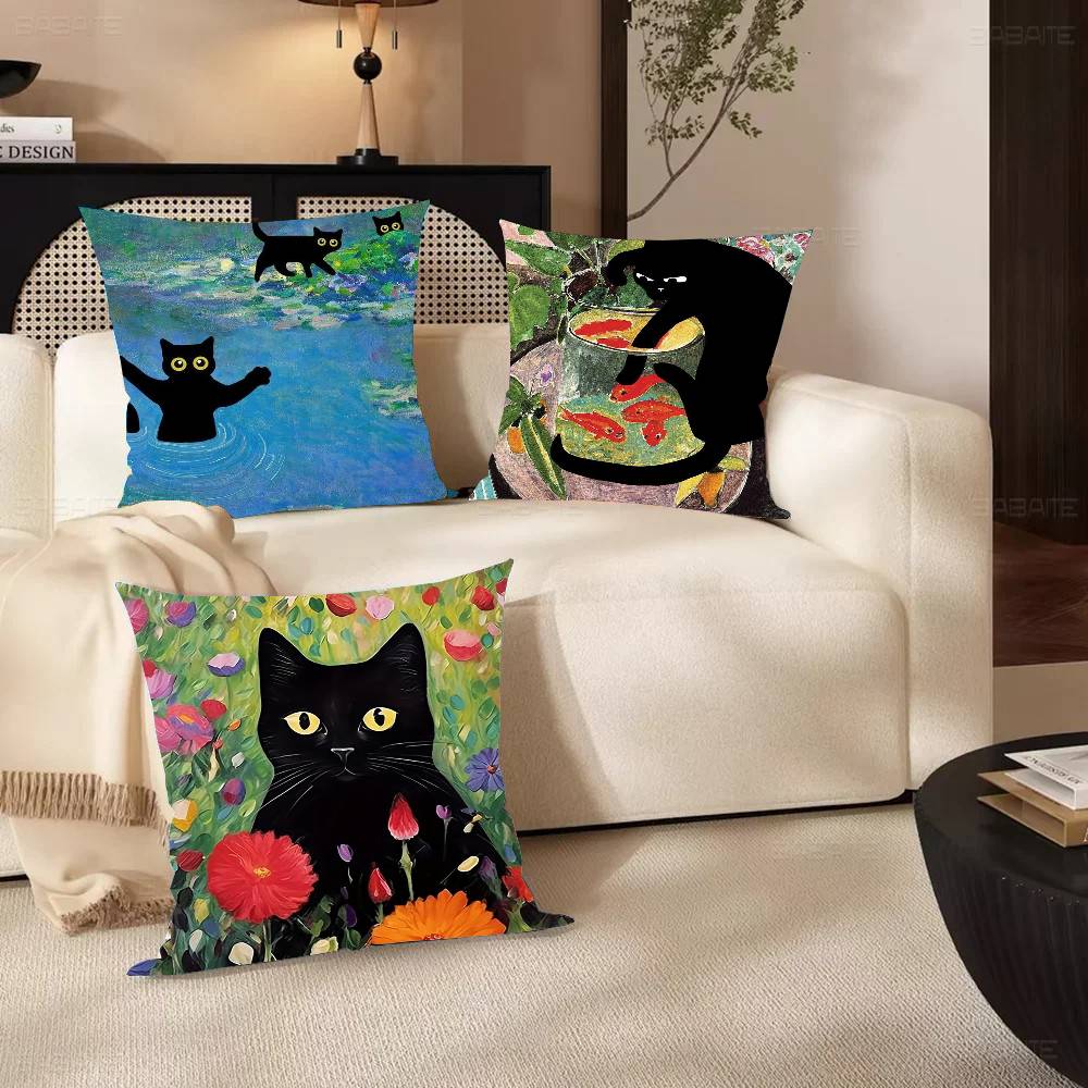 Matisse Monet Art Black Cat Animation Pillow Case Fashion Square Pillowcase Bedroom Sofa Room Ins Decoration Leisure