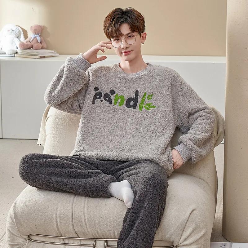Pijama de Diseño Lindo de Moda para Hombre Otoño Invierno Forro Polar Coral Espesado Cálido Suave Masculino Polar Térmico Conjunto Ropa de Casa Juvenil
