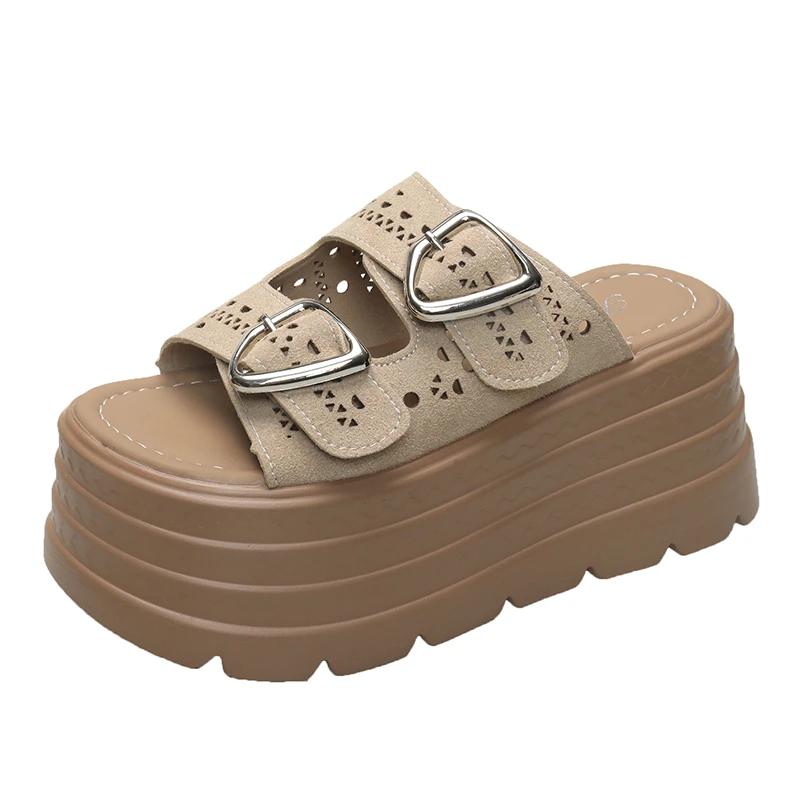Fashion 8CM Trendy Streetlish Buckles Slippers for Women Nubuck Leather 2025 Summer Platform Shoes Ladies Comfort Fashion Slipper Woman