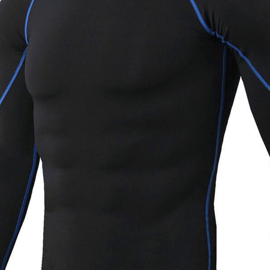 Men's High Elastic Compression Shirts Long Sleeves Sports Top for Athletic Workout Shirt Black and Blue Lines M