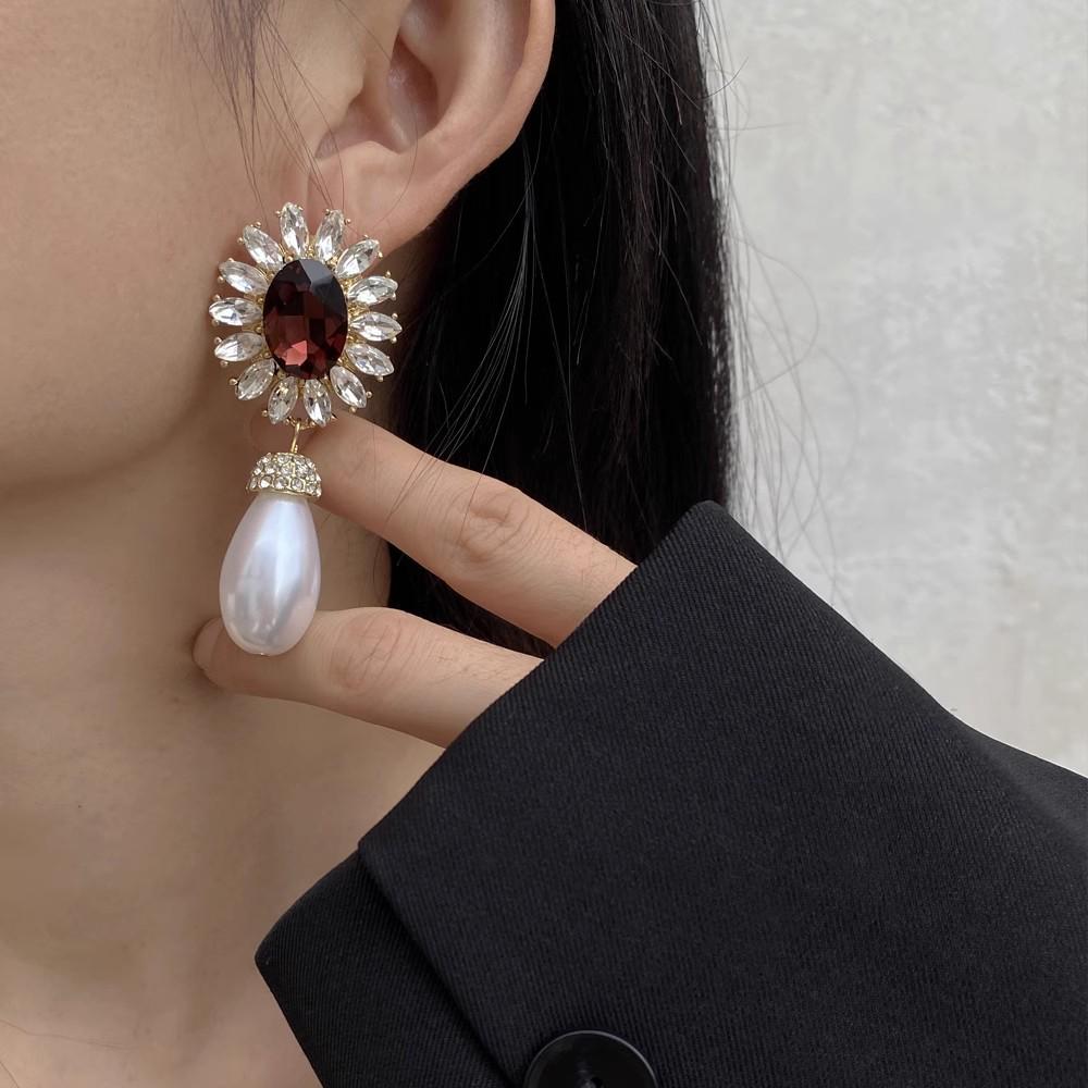 Franskt Vintage Pärlhalsband & Örhängesset med Diamantaccenter