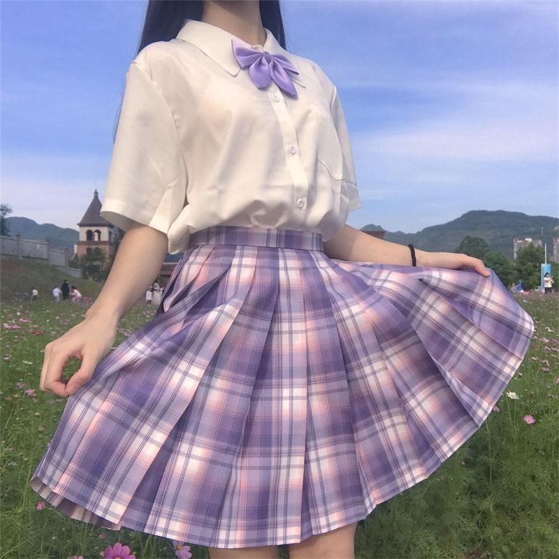 Japanese School Uniform JK Pleated Skirt Korean Student Sailor Full Set Girl Plaid Skirt Pink Uniforms for Woman