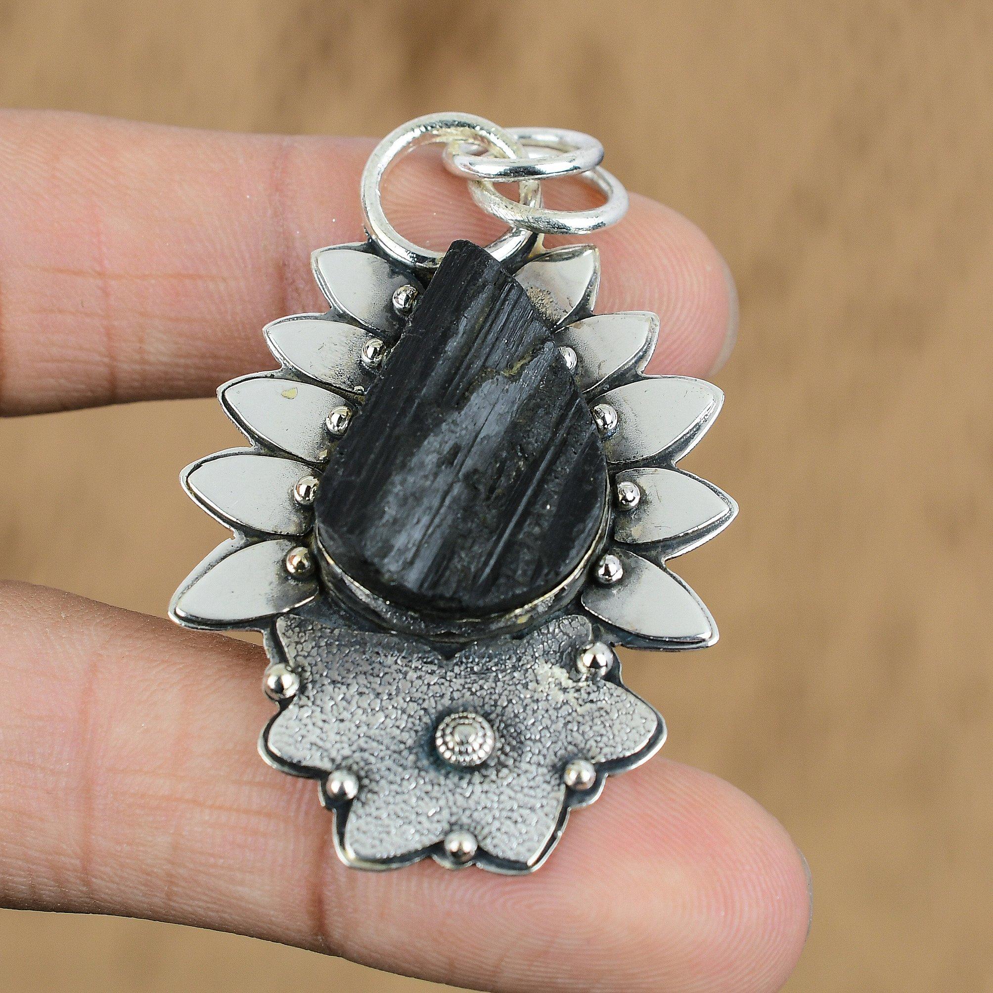 

Wedding Gift For Her 925 Silver Natural Black Tourmaline Rough Gemstone Pendant