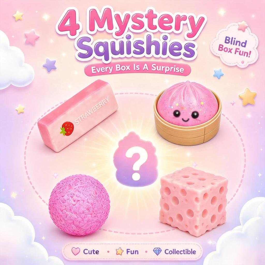 4-Pack Squishy Stress Relief Set, Slow Rising Malt Sugar Squeeze Fidget Toys, Fun Desk Accessories and Gift Set(Pink)