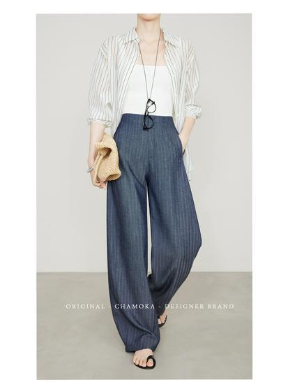 Women's Anti-Wrinkle Tencel Linen Pants, Spring/Summer, Loose Herringbone, Wide-Leg Design, Original Linen Color, Style 7896.