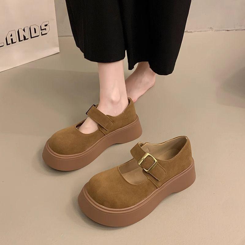 2025 spring new women's single shoes women's shoes middle heel dopamine round head shoes muffin bottom popular small leather shoes