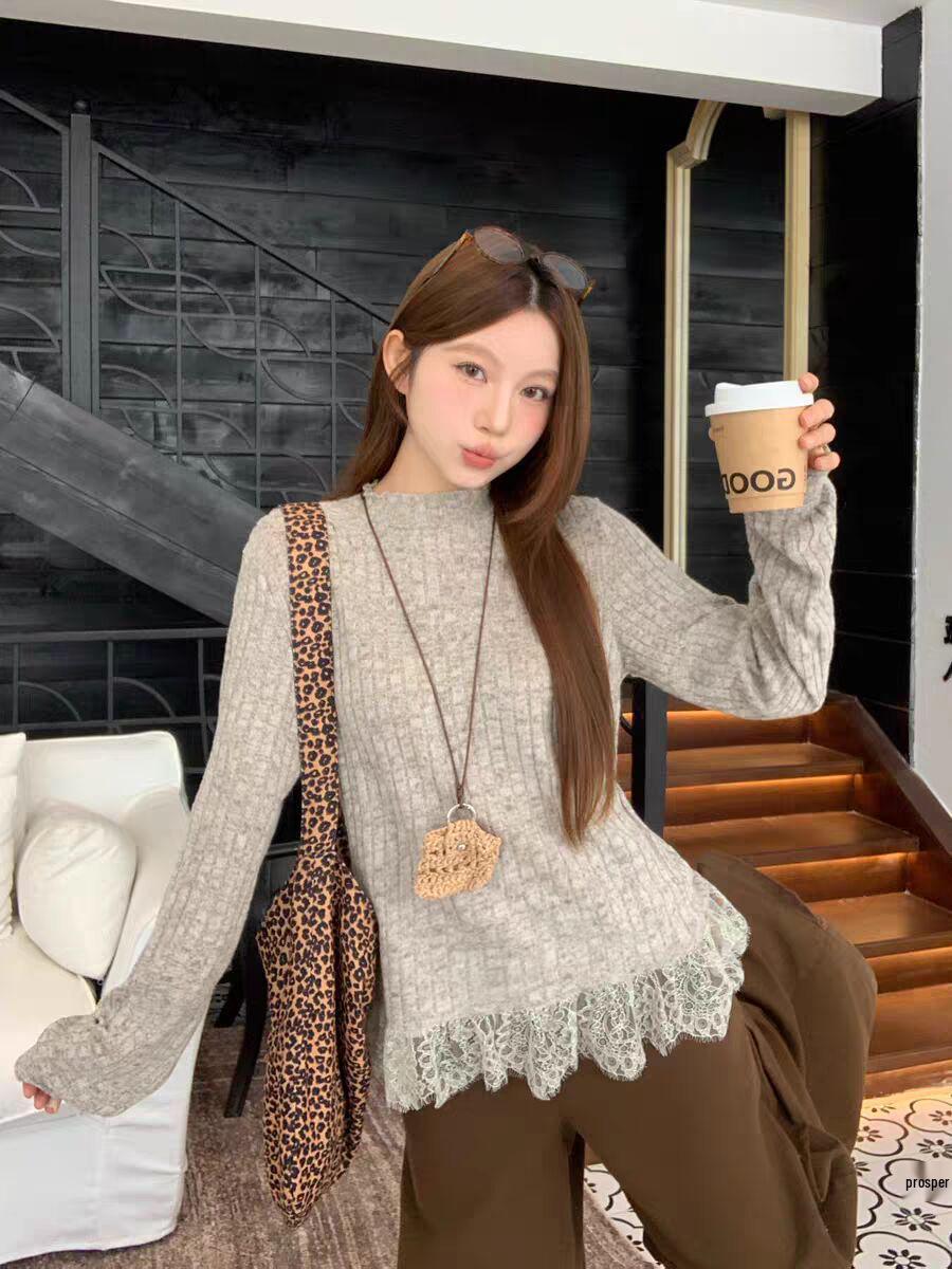 

Ye Yuan Women s Korean Lace Hem Long Sleeve T-Shirt - Autumn/Winter Half-High Collar Slim Fit Base Layer L (For 115-130 lbs)