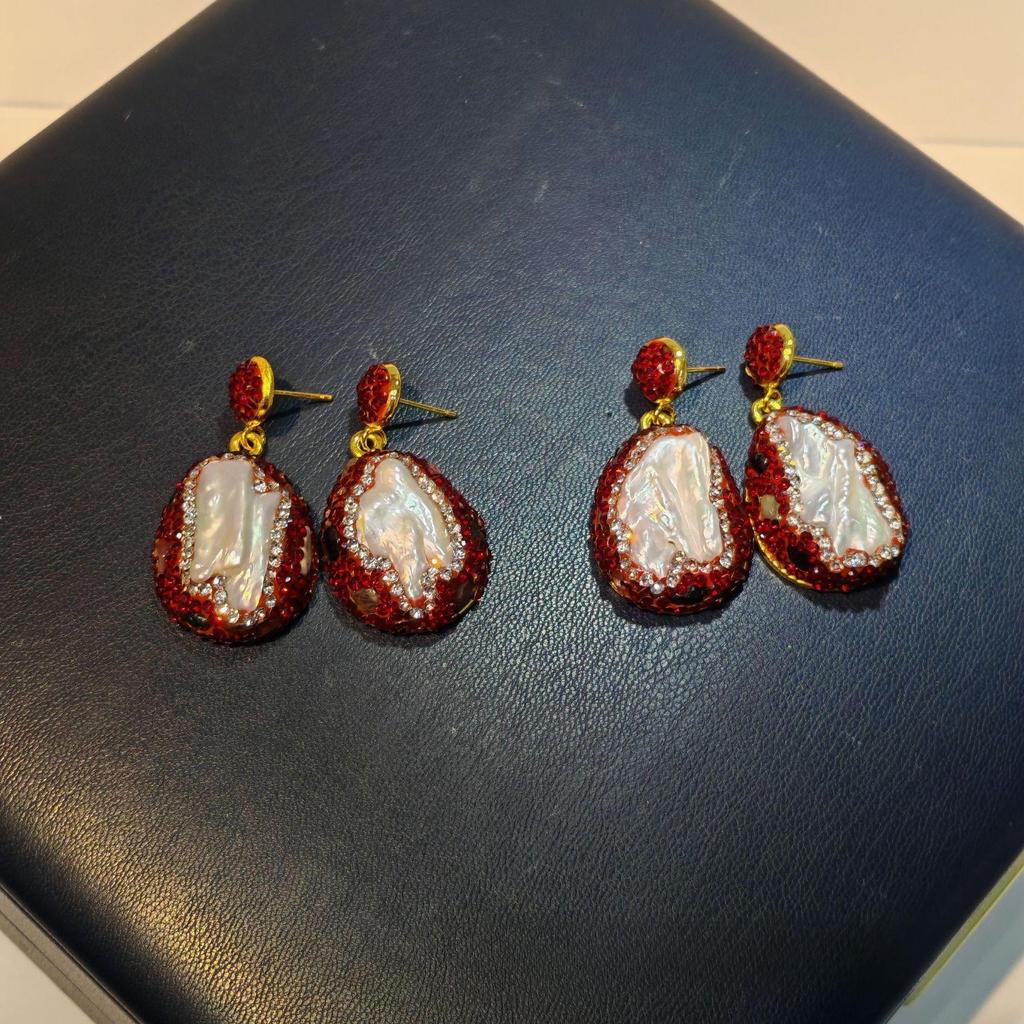 Special-shaped Baroque pearl tourmaline earrings set with red Czech diamonds women's earrings French design