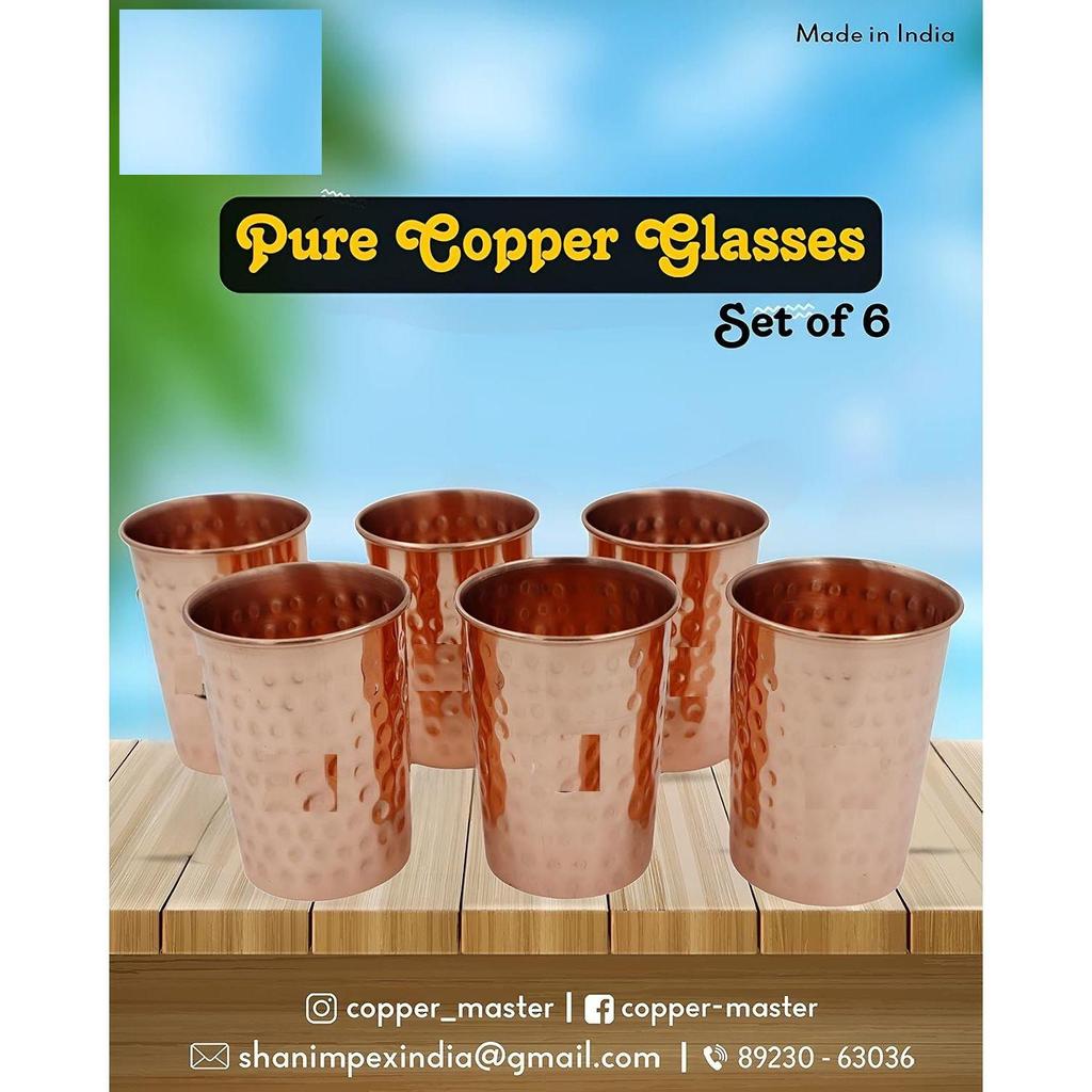 11 Litre Hammered Copper Water Dispenser (Matka) Container Pot with 6 Pure Copper Glasses with Pure Copper