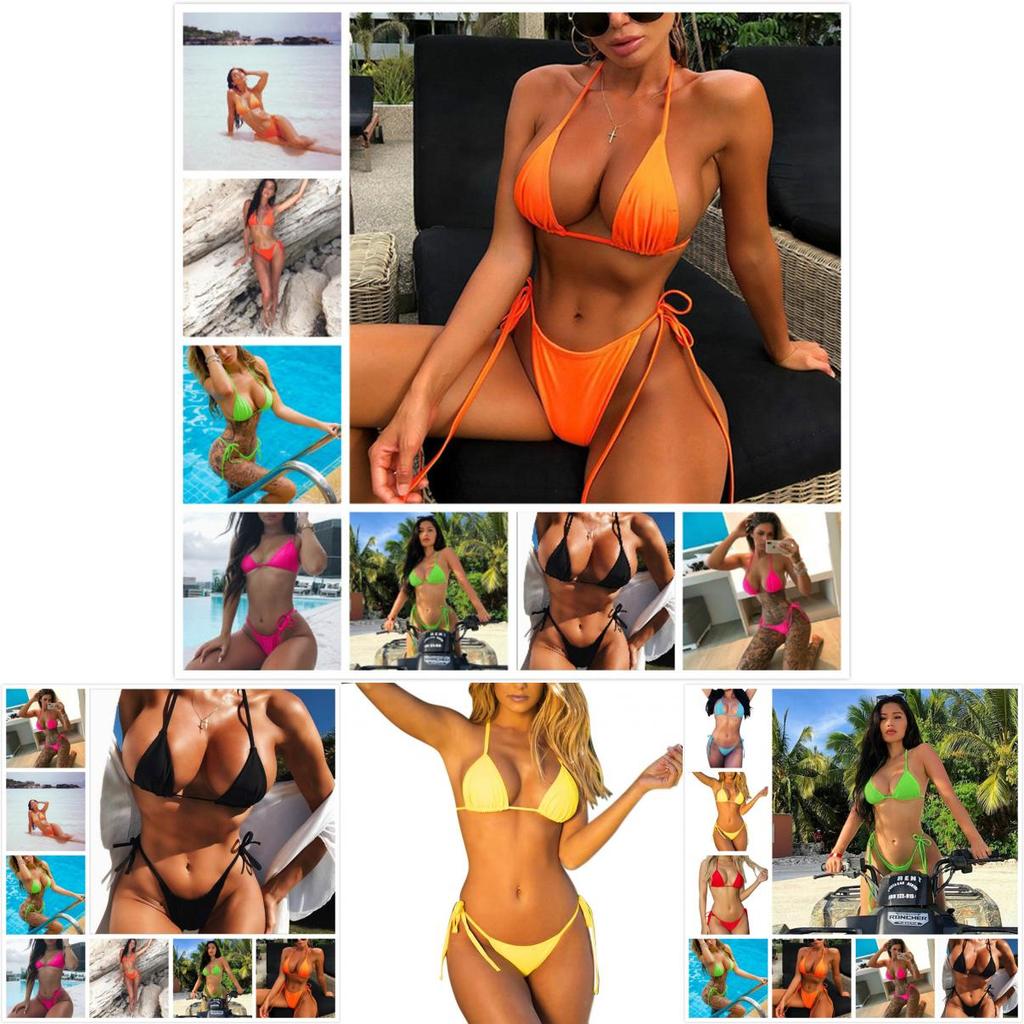 Summer Women Girls Bikini Set Swimwear Pushup Bandage Beachwear Solid Swimsuit