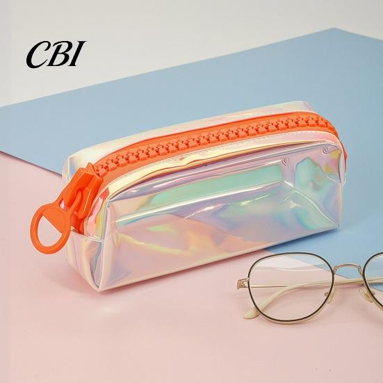 Rainbow Gradient Pen Bag Iridescent Holographic Pencil Case, Transparent Stationery with Wide Correction Tape Holder Case U-Shaped Zipper, Large