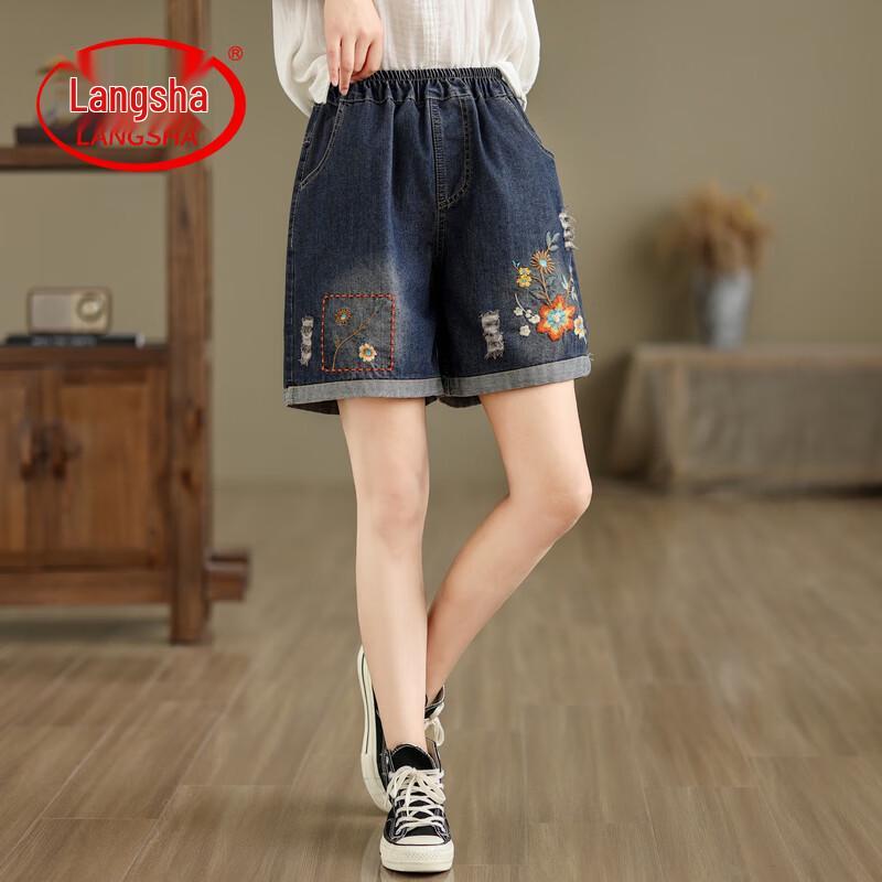 LangSha Retro Embroidered Elastic Waist Denim Shorts M