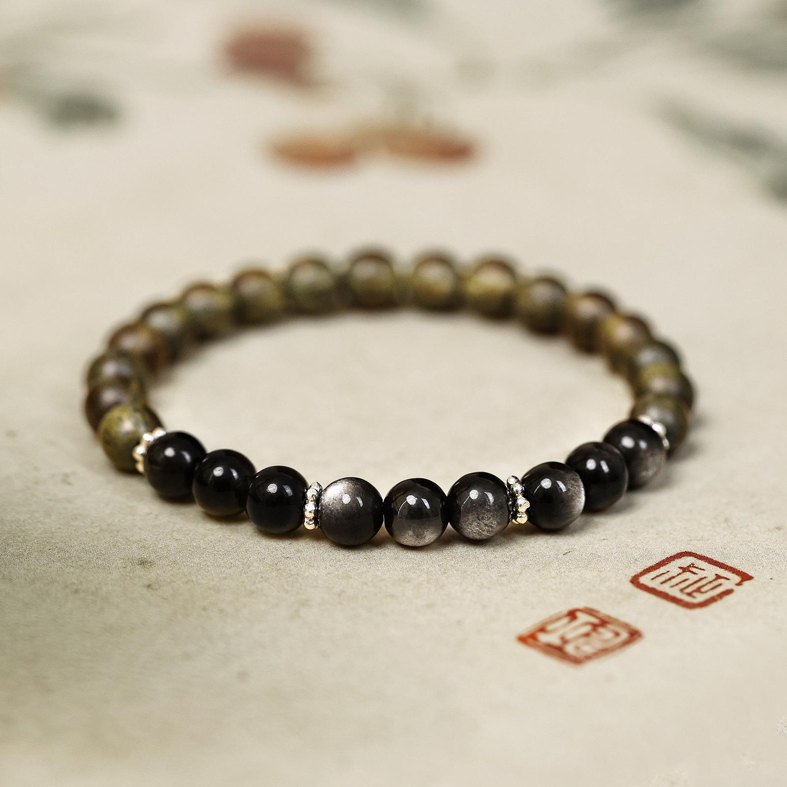 Natural green sandalwood bracelet for women, obsidian bracelet, Buddhist prayer beads, fortune beads, silver obsidian jewelry, niche gift Green Sandalwood and Silv