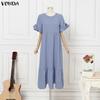 VONDA Summer Women O Neck Ruffled Short Sleeve Casual Pleated Maxi Dress Robes