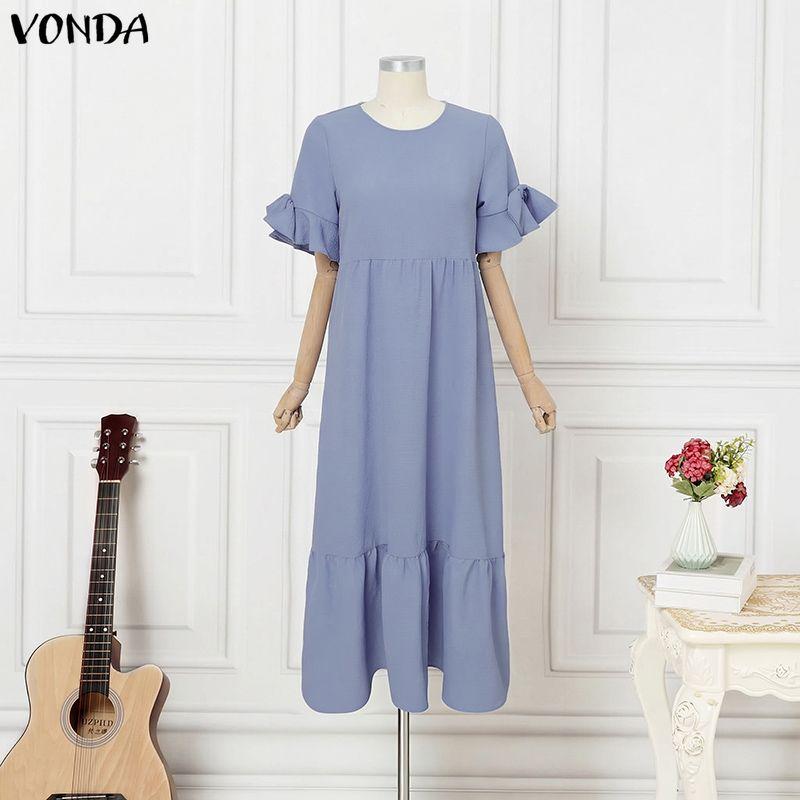 VONDA Summer Women O Neck Ruffled Short Sleeve Casual Pleated Maxi Dress Robes