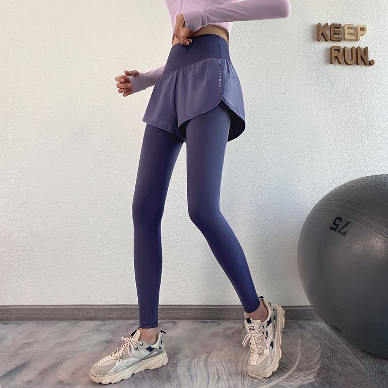 Fake Two-piece Fitness Pants Women's High-waisted Elastic Tight Running Pants Skirt Quick-drying Sweatpants Autumn Yoga Trousers Look Thin