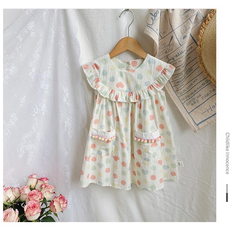 2024 Summer New Children's Clothes Colorful Polka Dot Girl Dress Korean Ruffle Doll Collar Children's Skirt Sweet