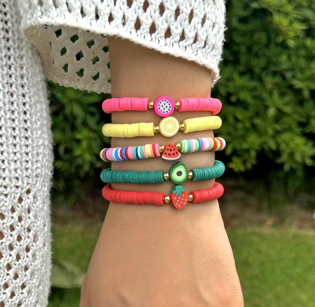 Bohemian Cute Sweet Fruit Charm Bracelets For Women Watermelon Strawberry Lemon Soft Clay Pottery Beaded Bangles Party Jewelry