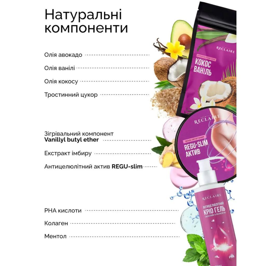 Антицеллюлитный набор для тела Скраб+Теплое обертывание+Крио гель Reclaire cosmetics