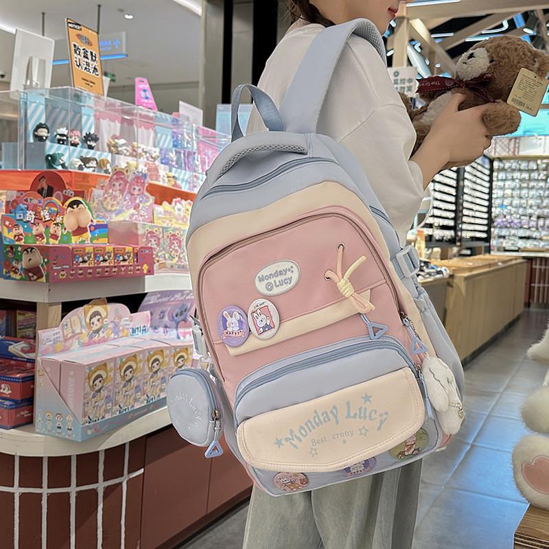 Color Simple Blocked Letter Pattern Student Backpack With Badge Pendant And