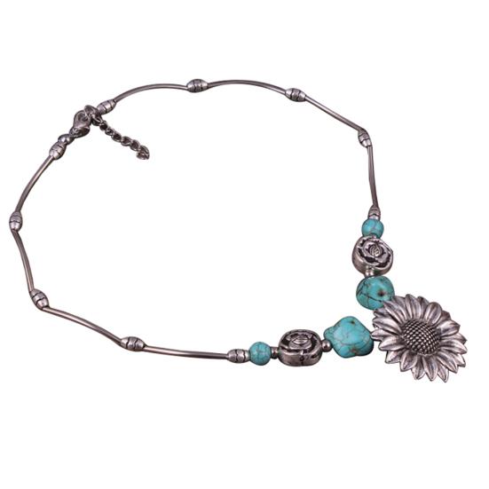 

Fashion Women Sunflower Faux Turquoise Clavicle Chain Necklace Jewelry Gift серебряный
