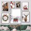 Christmas Deer Snowscape Canvas Poster Art Prints Hazelnut Wood Wall Paintings Christmas Wall Posters Living Room Decor Gift