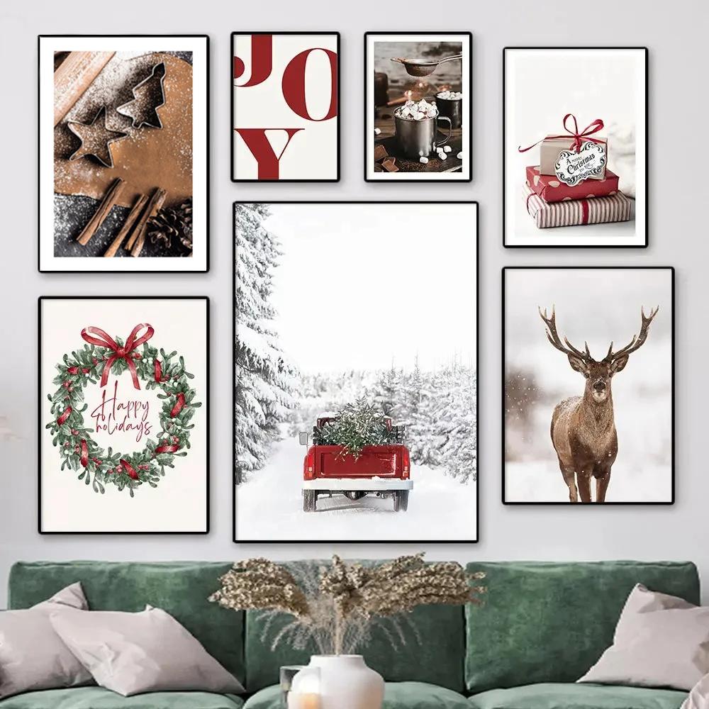 Christmas Deer Snowscape Canvas Poster Art Prints Hazelnut Wood Wall Paintings Christmas Wall Posters Living Room Decor Gift