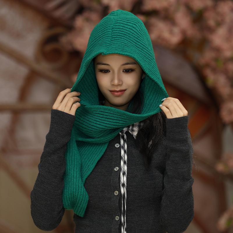 Корейская шаль вязаная шапка зимняя теплая ветрозащитная капюшон для женщин зелёный