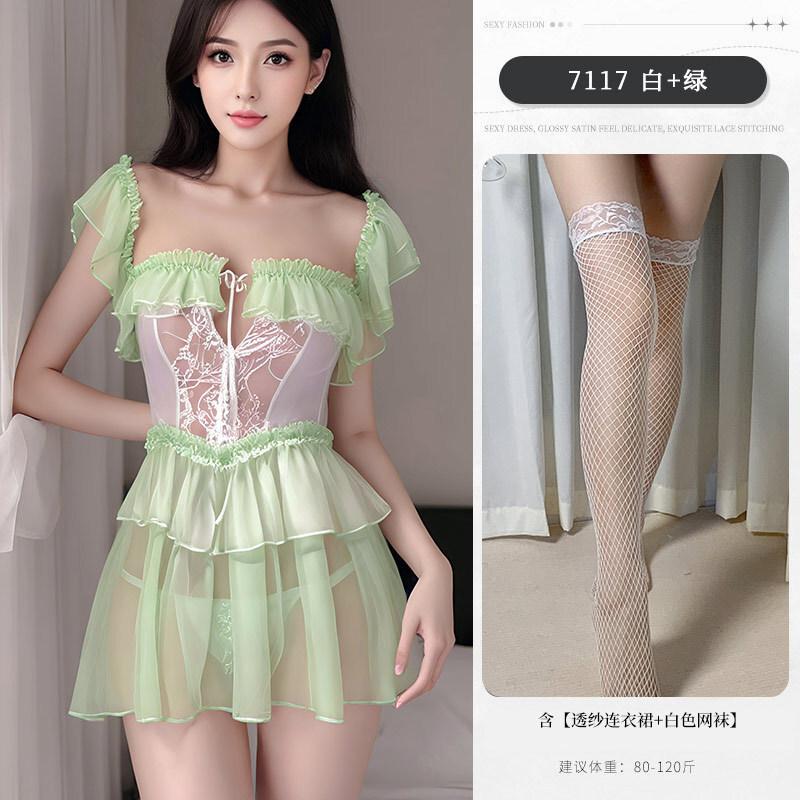 New Sexy Sexy Pure Desire Summer Sweet Girl Hip-revealing Strap Transparent Dress Elegant Nightdress Green Sweet Mini Dress 18J6