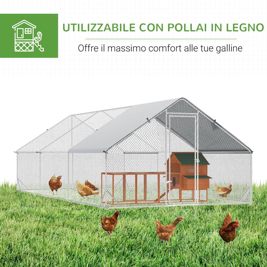 Garden Chicken Coop with Galvanized Frame, Waterproof Cover and Hexagonal Netting, 3x6x2m, Silver