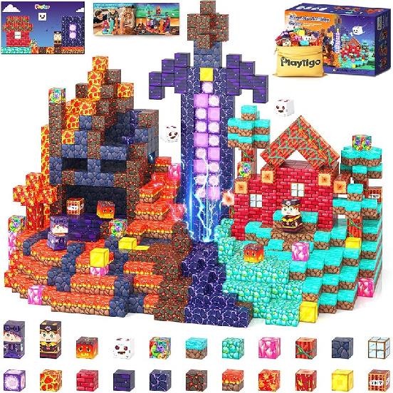 Magnetic Blocks- 100pcs Mine Magnet World Block Cubes Toys for Kids Ages 4-8 Magnetic Tiles Kids Sensory Birthday Gifts Game Toys for Boys & Girls Magnetic Blocks Forest Po