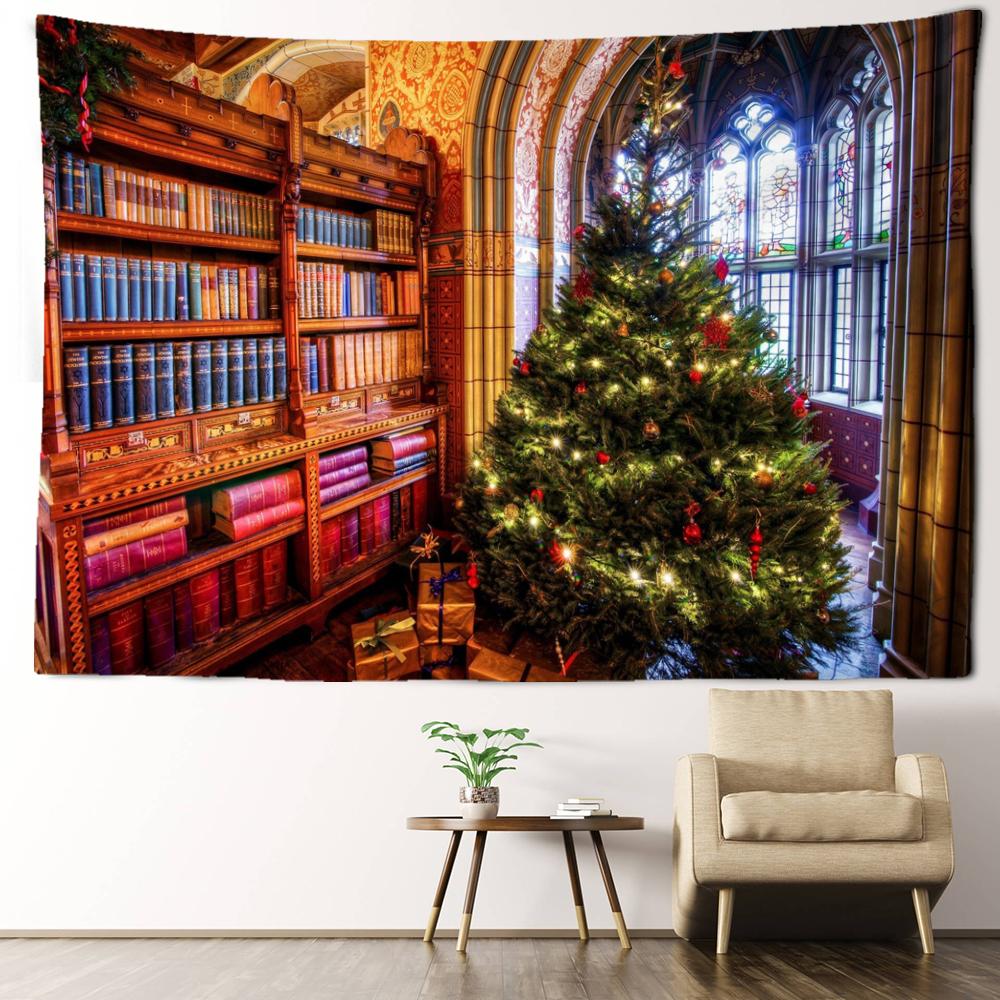 

Книжная полка и рождественская елка гобелен настенный богемный психоделический домашний художественный декор фоновая ткань 95x70CM