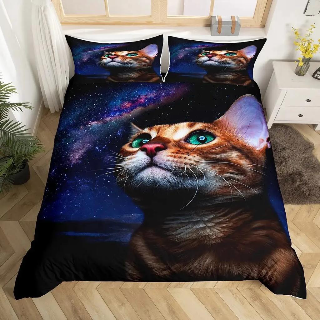 Rainbow Cat Butterfly Duvet Cover Set King,Watercolor Tie Dye Planet Galaxy Outer Space Bedding Set Shiny Golden Glitter Bed Set