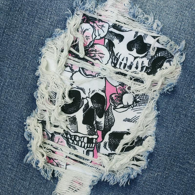 Jeans Rasgados con Calavera de Moda para Mujer - Estilo Europeo y Americano, Pierna Recta, Dobladillo Enrollado, Pantalones de Talla Grande