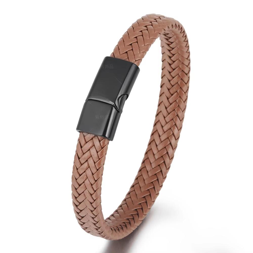 engrave logo Fashion Punk Men Jewelry Braided Leather Bracelet Men Handmade Bracelet Trendy Stainless Steel Clasp Male Bracelets