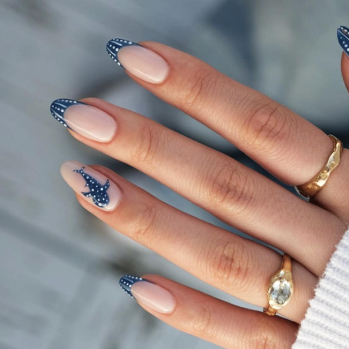 Blue Whale Waves Almond Shaped Wearable Nails - Summer Beach French Gradient Fake Nails (Set of 24) Glue Type