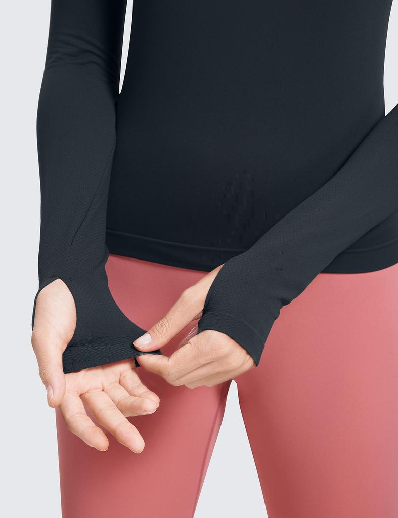 CRZ YOGA Long Sleeve Yoga Top with Seamless Ribbed and for and Dark Size L Women's Fabric, Quick-Drying Breathable, Fitness, Running, Training, Navy,