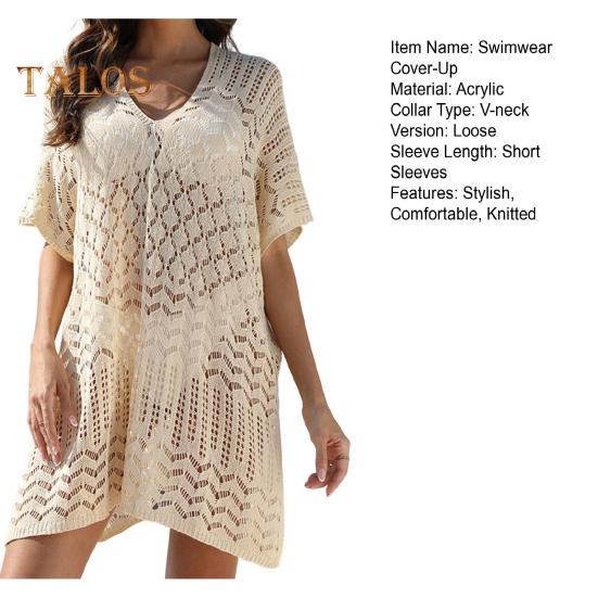 Women's Mesh Crochet Swimwear Cover-Up V-Neck Short Sleeve Hollow Out Beachwear Loose Fit Bikini Cover Up Dress for Vacation Travel