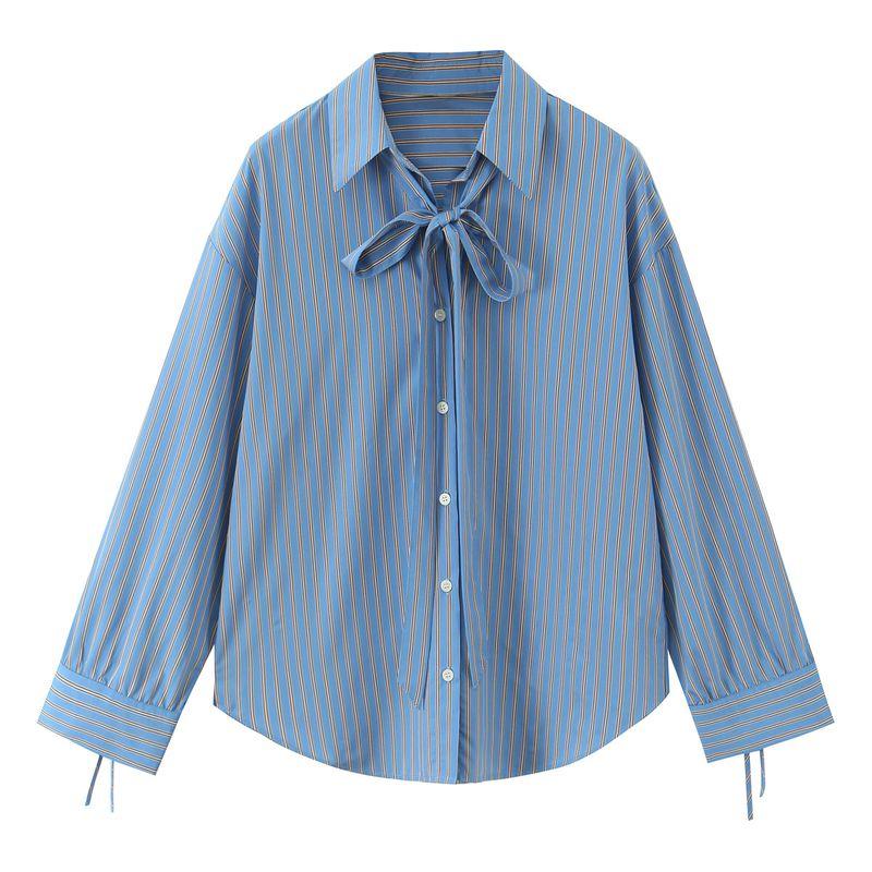 

Za New Arrival Women s Clothing ZR Fashion Style Export Fashion Bowknot Decoration Decoration Stripes Loose Shirt 8372801 Blue L