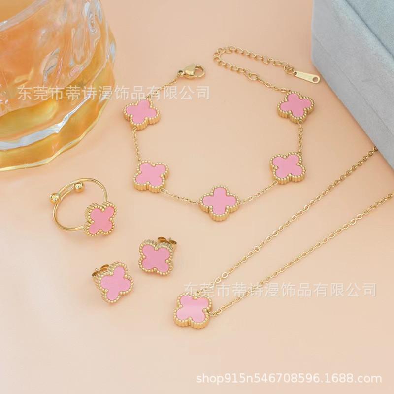 Four Leaf Clover Jewelry Set 18k Plated Necklace Earrings Bracelet Ring Women