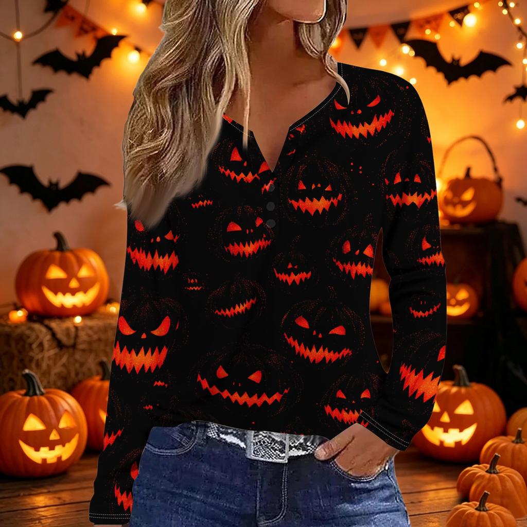 Women's Halloween Print Long Sleeve V-Neck T-Shirt with Decorative Buttons for Casual Wear