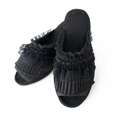 Frill Lace Heel Black and White Japanese Shoe Slippers, (Black, Size, Adult, Alphabet, M)