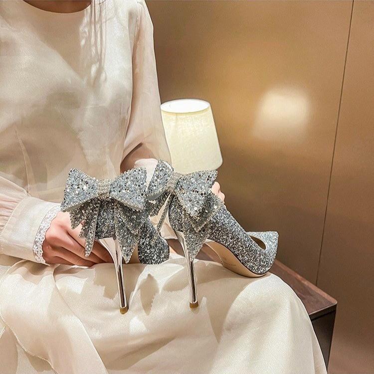 Silver High Heels Women's Spring and Autumn 2025 New Sequins High-end Rhinestone Bow Pointed Wedding Shoes Single Shoes Women
