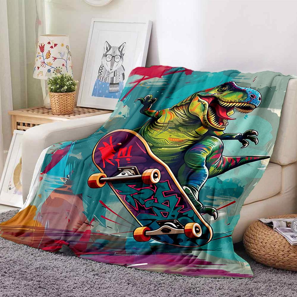 1pc DinoSkateboard Blanket, Lightweight Flannel Throw Blanket For Sofa, Bed, Travel, Camping, Living Room, Office, Couch, Chair, And Bed