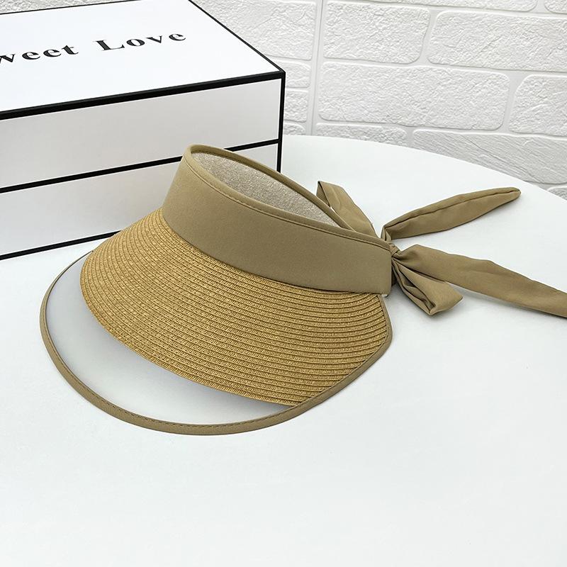 Sunscreen hat women's summer empty top hat straw braided splicing bow sunshade purple line travel no top sun hat