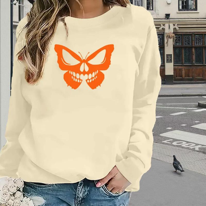

Топы для женщин с принтом тыквы и бабочки, круглый вырез, длинный рукав, футболка, осенний повседневный тонкий пуловер, женский топ с длинным рукавом 8XL бежевый