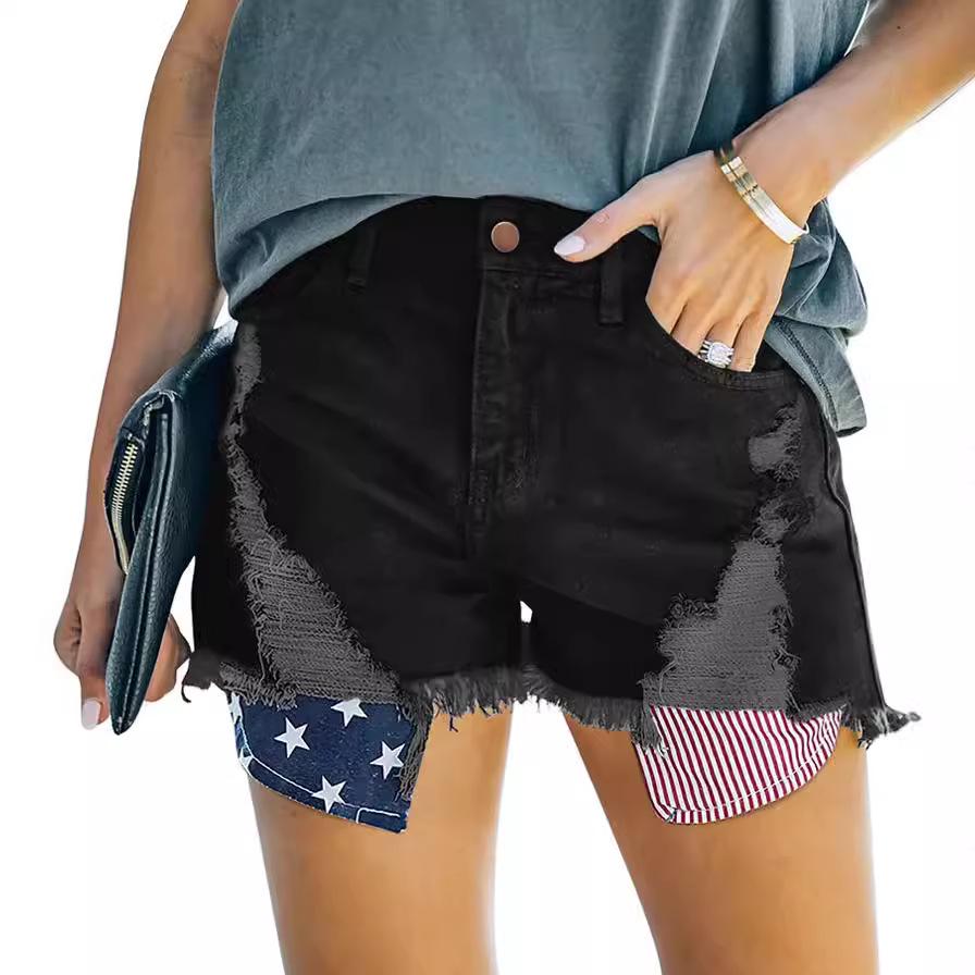 European & American Retro High-Waisted Floral Ripped Denim Shorts - Women's Slim Fit Jeans