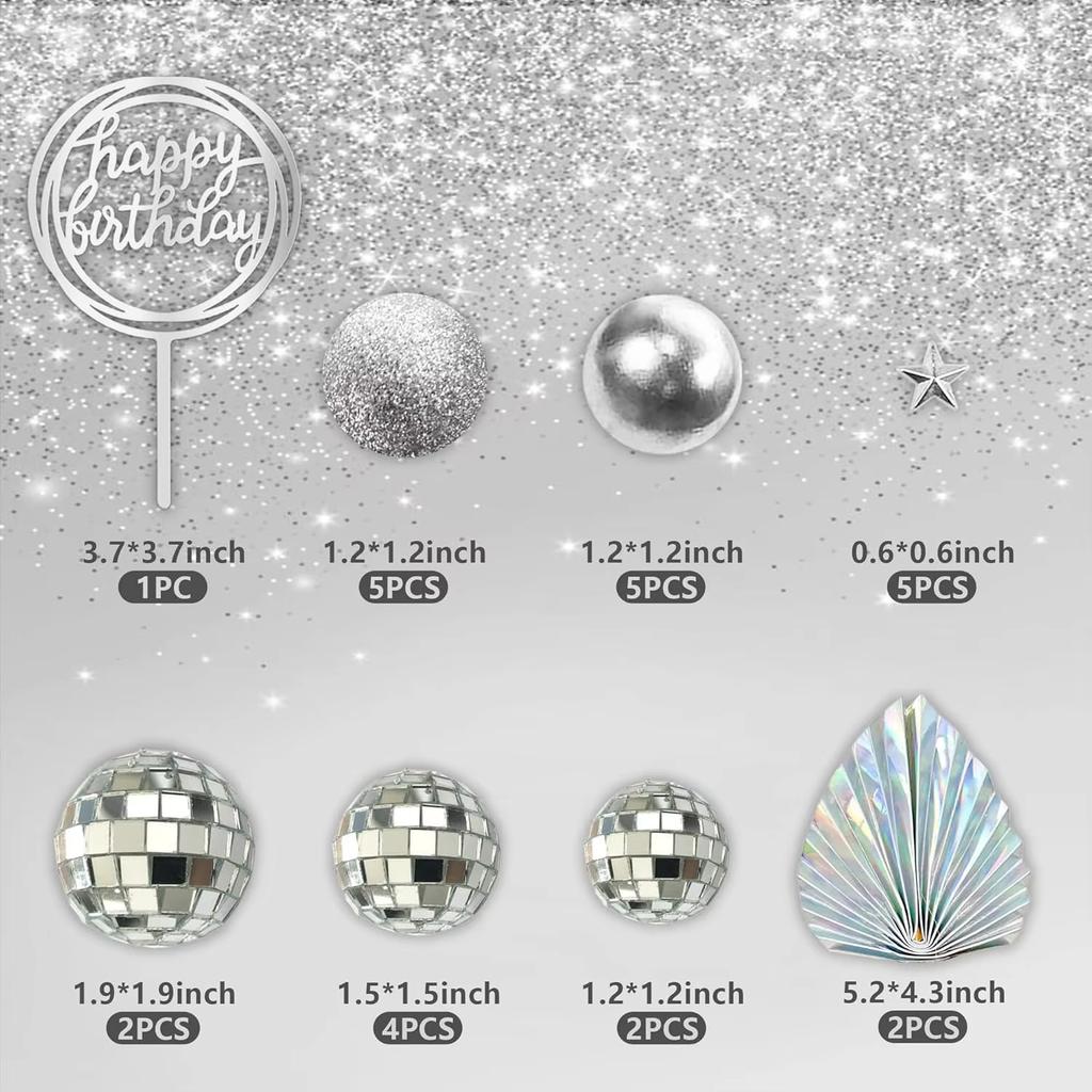 26pcs Disco Balls Cake Toppers Mirror Balls with Boho Stars Cake Decorations for Disco Dance Party Saturday Night Fever Supplies