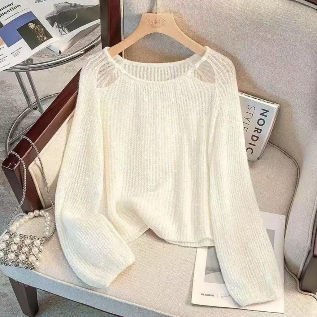 Knitted Shirt for Women Solid Color Hollow Round Neck Top Thin Long Sleeve Pullover Shirts