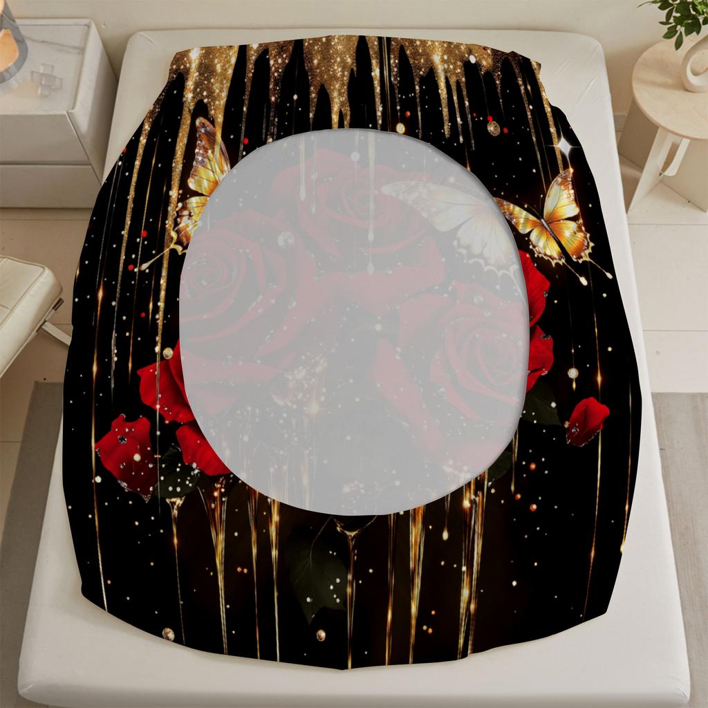 3pcs Red Black Soft Fitted Sheet Roses 3D Print Romantic Floral For Girls Couples 100% Polyester Flat Sheet With 2 Pillowcases
